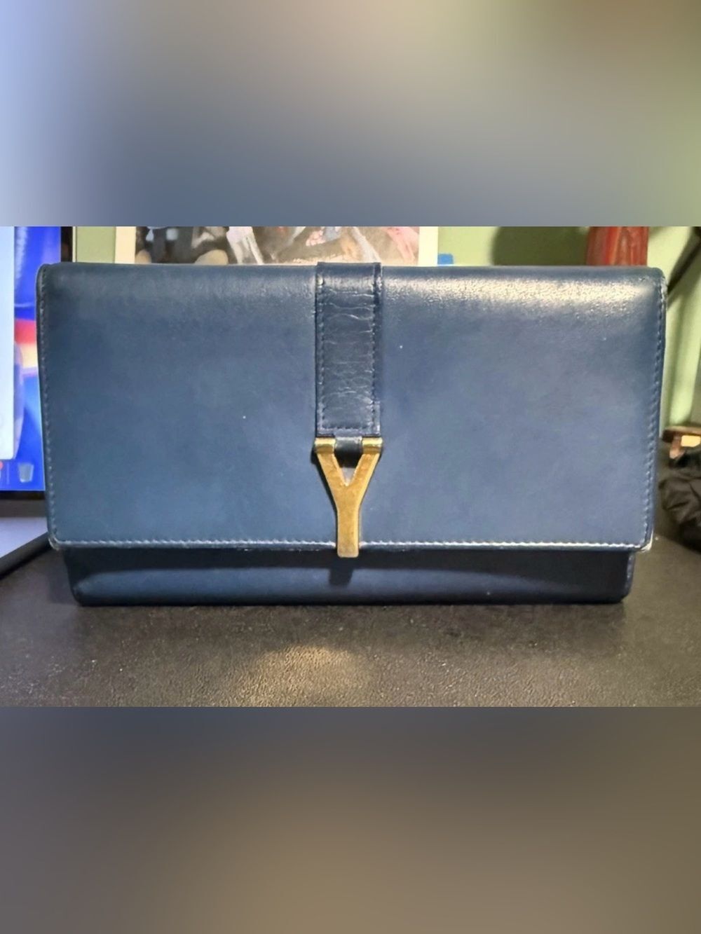Saint Laurent YSL Classic Y Line Blue Leather Long Zip Wallet